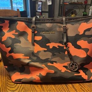 Michael Kors Orange and Brown Camo Tote with MK Charm